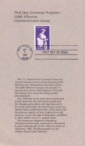 USPS 1st Day Ceremony Program #1832 Edith Wharton Literature Novel FDOI 1980