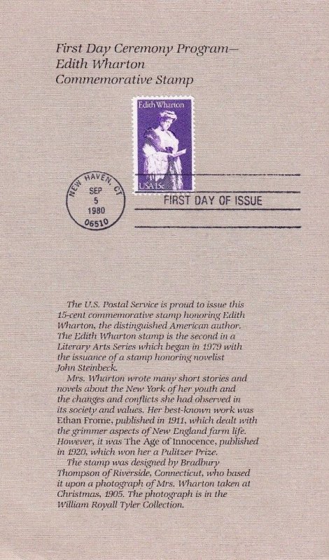 USPS 1st Day Ceremony Program #1832 Edith Wharton Literature Novel FDOI 1980