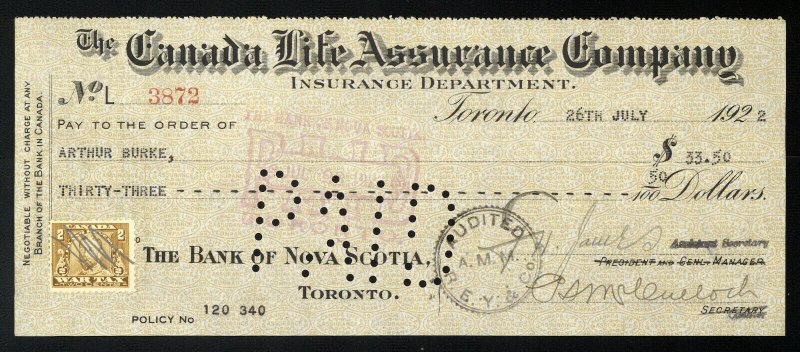 C12 Canada Life Assurance Co. bank draft, 1922, revenue stamp Van Dam #FWT8
