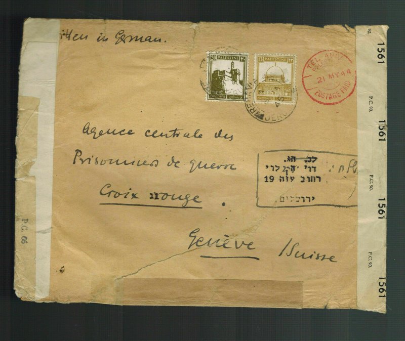 1944-45 Tel Aviv Palestine Cover to Red Cross Switzerland Double Used Envelope