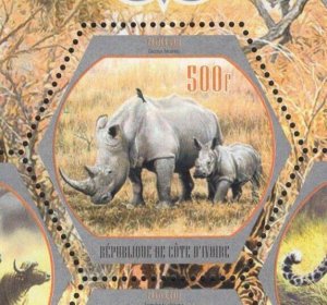African Fauna Rhino Panther Giraffe Elephant Sov. Sheet of 4 Stamps MNH