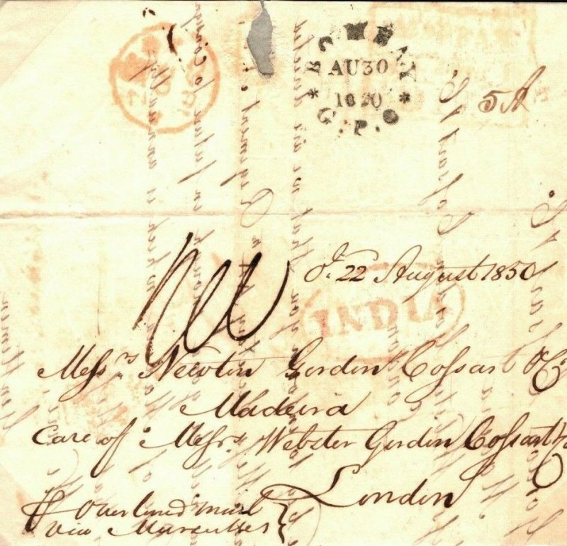 INDIA Maritime Cover MADEIRA Per Overland Marseilles Forwarded London 1850 M265