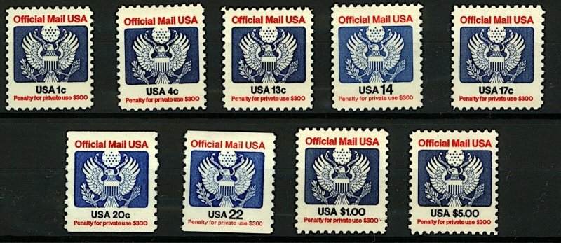 USA 1982 Officials 1c to $5 sgO2008/14 (9v) Mint Stamps