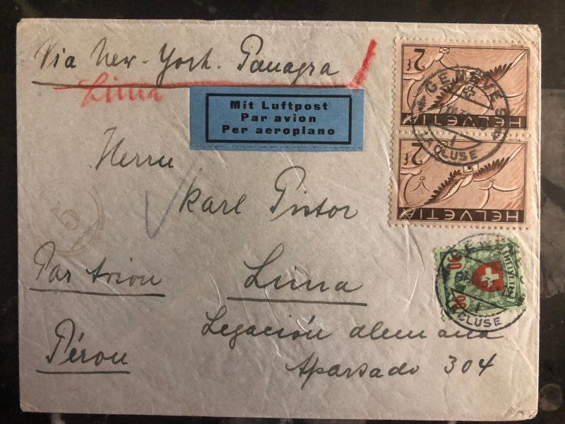 1931 Geneva Switzerland Airmail Cover to Lima Peru Swissair # C15 x2