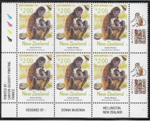 New Zealand #1914 $2.00 Spider Monkey margin block of 6  (MNH)  CV $15.00