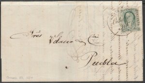 MEXICO-Veracruz 3a, 2Rs BLUE-GREEN ON DOCKETED FOLDED COVER TO PUEBLA VF (T32)