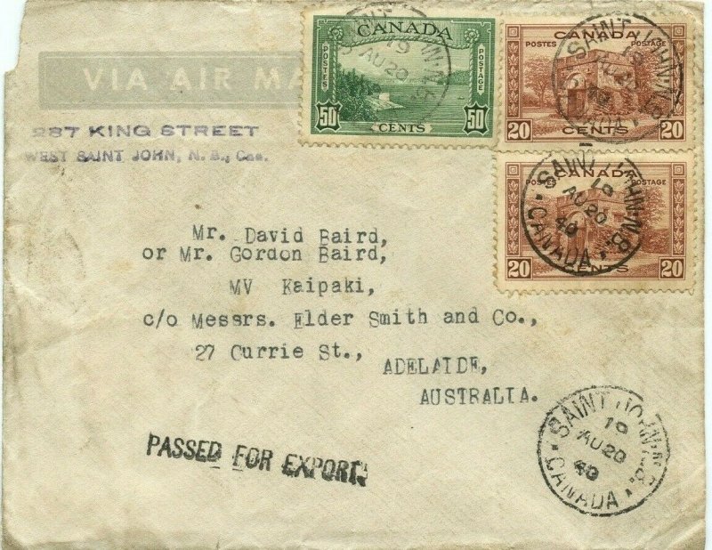 90 cent Trans Pacific AIRMAIL Censored 1940 high value > AUSTRALIA Canada cover