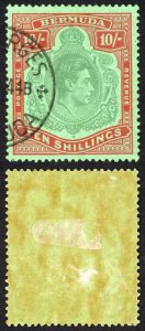 Bermuda SG119a KGVI 10/- Bluish Green and Deep Red/green Perf 14