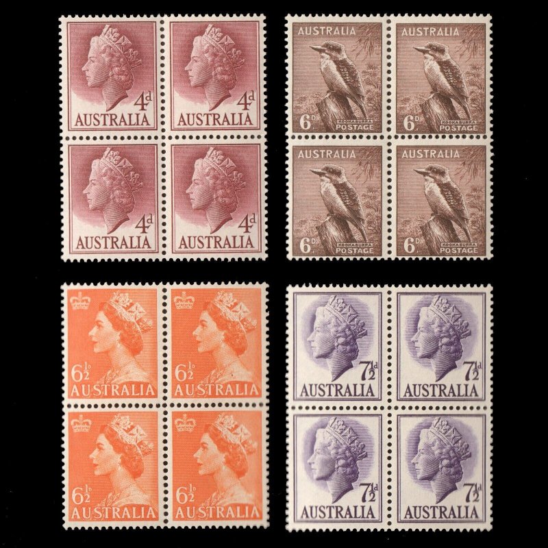 AUSTRALIA 1955 QE2 Sc 294 295 296 297 MNH VF Blocks of Stamps CV$14