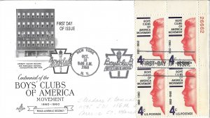 1960 FDC, #1163, 4c Boys' Clubs of America, Art Craft, plate block of 4