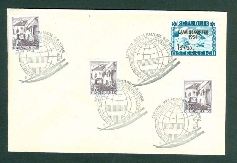 Austria. 1962 Cover.Eur. Luge Championsh Liezen-Steiermark. Scott# 3 x 618a+B287