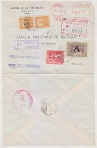 COLOMBIA 1952 R-AIR COVER BOGOTA-BRUXELLES RATED 1.10P + 43c RED METER MAIL F,VF