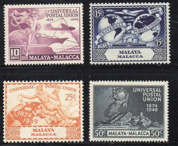 Malaya-Malacca Sc 18-21 1949 75th Anniversary UPU stamp set mint