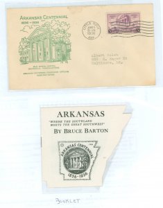 US 782 1936 Arkansas centennial on a stained FDC, addressed (typed) with an Arkansas Centennial Commission cachet and an Arkansa