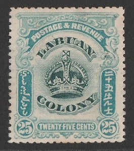 LABUAN 1902 Crown 25c green & greenish-blue, variety 'line through B'.