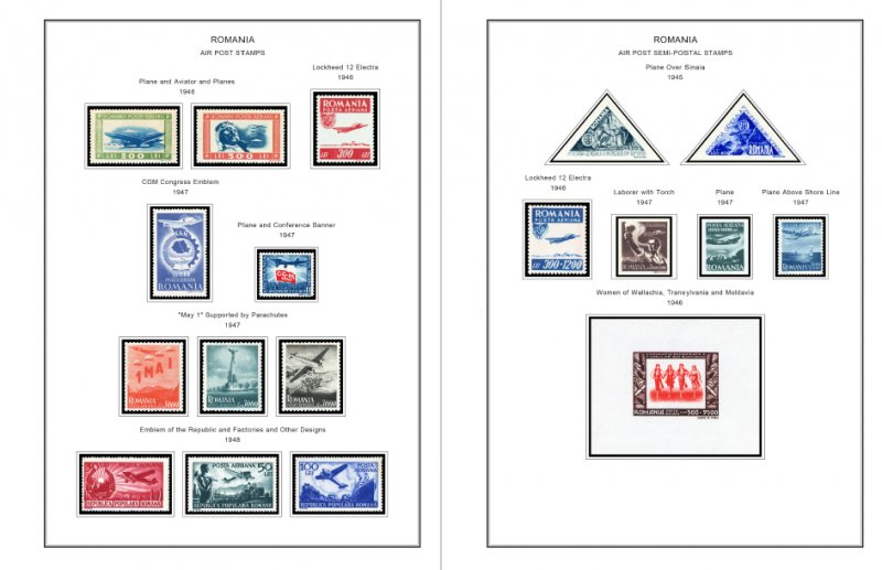 COLOR PRINTED ROMANIA AIRMAIL 1928-2000 STAMP ALBUM PAGES (56 illustrated pages)