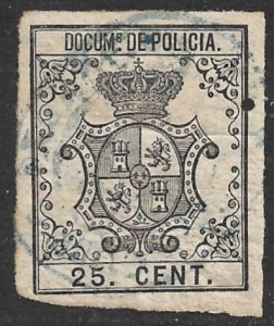 SPANISH COLONIES CUBA PHILIPPINES PUERTO RICO 1865 25c POLICE Revenue BP4 Used