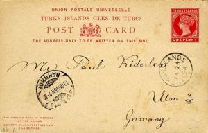 Turks & Caicos Is. 1d QV Attached Reply Postal Card 1894 Turks Islands to Ulm...