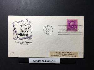 US FDC 5 Feb 1940 SC861-17 Cachet Ralph W. Emerson Author Boston MA