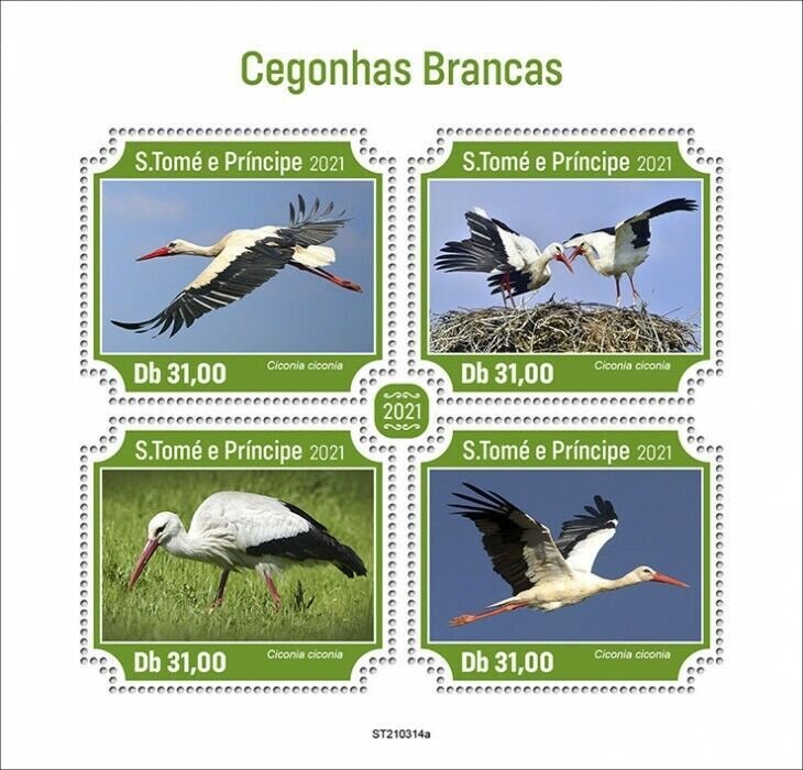 Sao Tome & Principe 2021 MNH Birds on Stamps Storks White Stork 4v M/S 