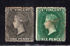 St Vincent 1871 QV 1p(MNG) + 6p(Used) Watermark Star Rough Perf #13-14 CV$143