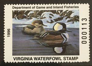 1996 Virginia State Duck stamp MNH, VA9, $5 FV