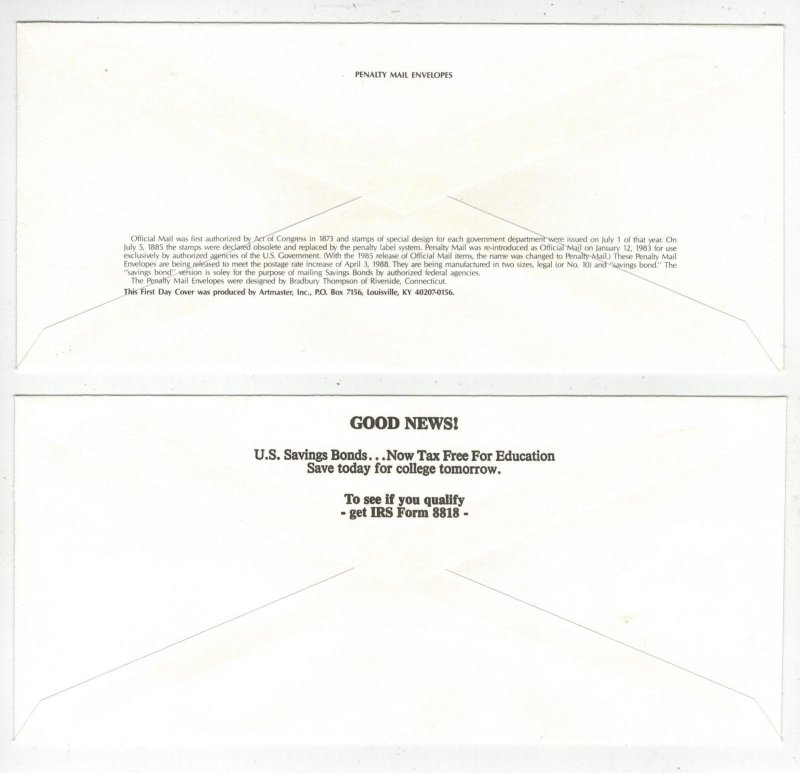 EAGLE OFFICIAL MAIL SET OF 2 CACHET FDCs UO83 SOCIAL SECURITY ENVELOPES 