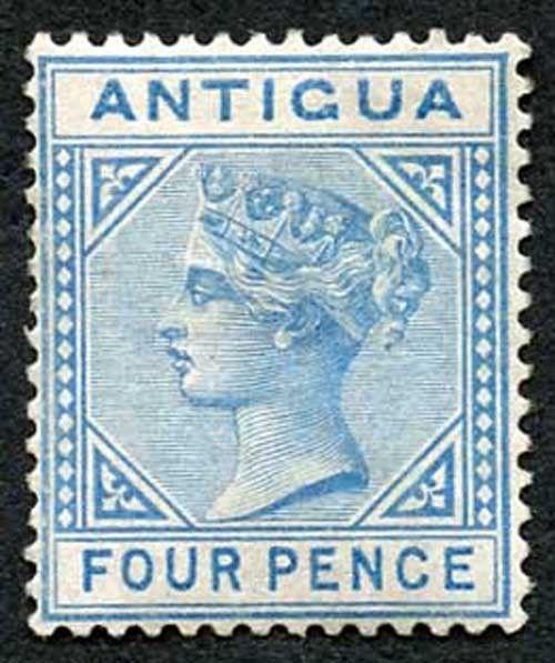 Antigua SG20 1879 QV 4d Blue Wmk Crown CC Perf 14 M/M