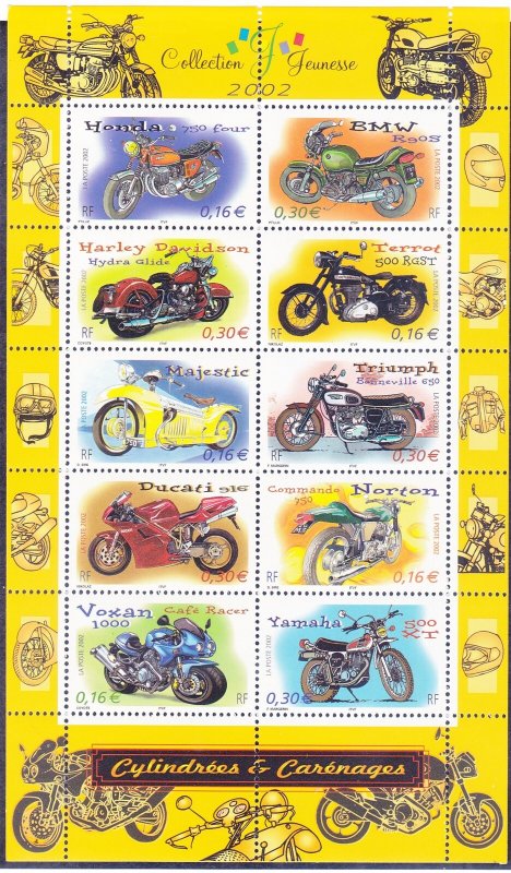 France 2913 MNH 2002 Various Early Motorcycles Full Sheet of 10 Very Fine