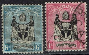 BRITISH CENTRAL AFRICA 1896 ARMS 6D AND 1/- WMK CROWN CA USED