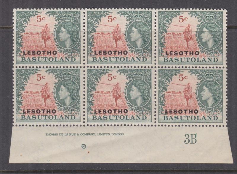 LESOTHO, 1966 Script CA, 5c. imprint & Plate # block of 6, mnh./lhm.