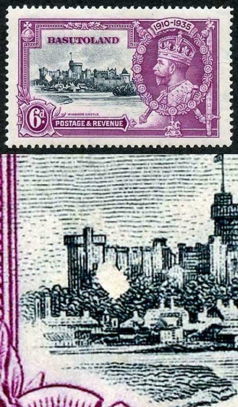 Basutoland 1935 Silver Jubilee 6d Variety Confetti Flaw on Brunswick Tower M/M