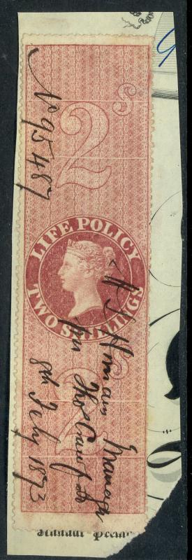 GREAT BRITAIN 1872 QV 2sh PERF. LIFE POLICY REVENUE on Piece Used