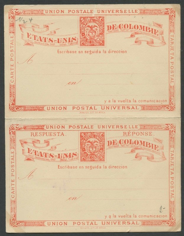 COLOMBIA UPU 1881 HG 5 MINT 2C DOUBLE CARD RED ON CREAM AS SHOWN