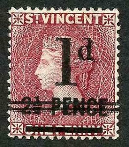 St Vincent SG46x 1d on 2 1/2d on 1d lake wmk crown CA Reversed Cat 45 Pounds