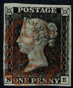 GB 1d grey black NE Plate 6. 4 margins. Cancelled by red Maltese Cross.