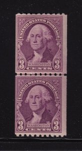 1932 Washington 3c purple Sc 722 pf 10 horizontal, coil LINE pair MNH (E