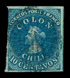 CHILE 1862 COLUMBUS - London print - 10c deep blue Scott # 12a used F/XF wmk1.