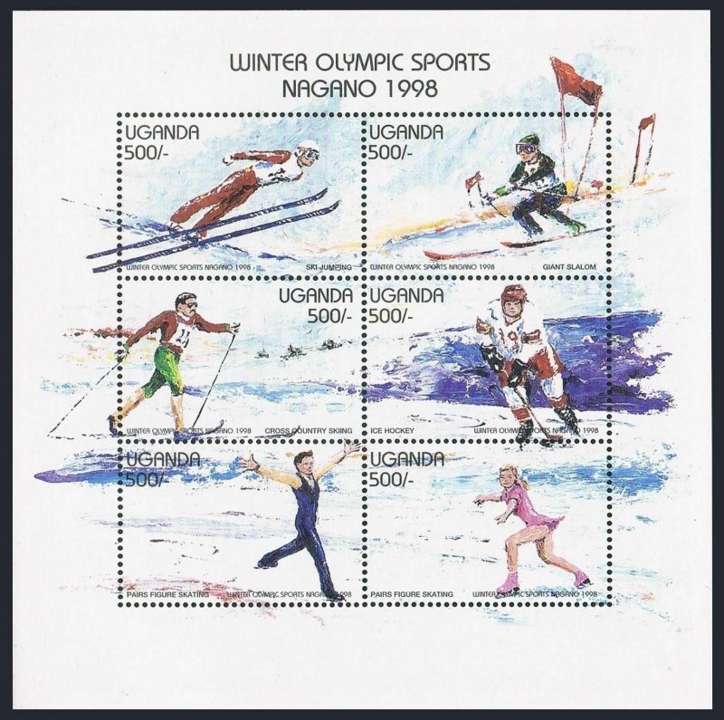 Uganda 1500-1503,1504 af, 1505-1506 sheets,MNH. Olympics Nagano-1998.Slalom, 