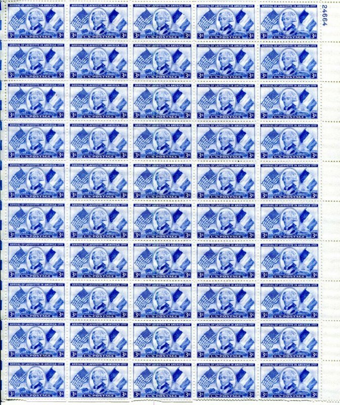 US Scott #1010 Arrival of Lafayette Sheet MNH. Faulty - See Description.