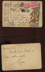 J62 Postage Due Pair Used on 1918 Soldier's Postcard Italy to Nebraska LV8084