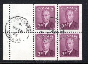 Scott 286b, 3c, used, KGVI, with postes-postage, booklet pane of 4x3c+2 labels