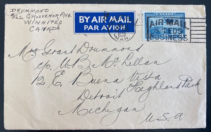 1939 Winnipeg Canada Airmail Cover To Detroit MI USA 