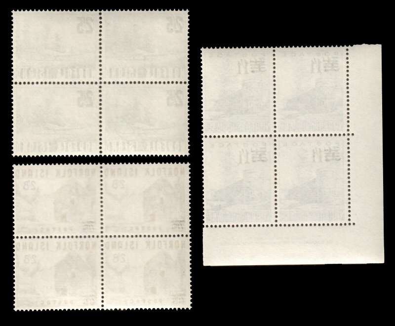 NORFOLK ISLAND 1960 Sc 26-28 MNH CPLT Set SCHG OVPT BL4 Blocks of Stamps CV$86