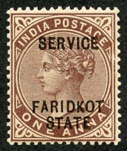 ICS FARIDKOT SG O2b 1887 1a brown-purple Whole Opt Double one albino toned M/M