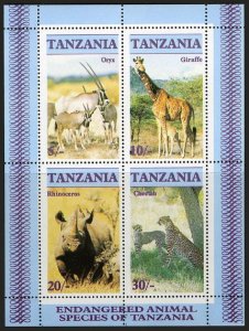 Tanzania 322a sheet,MNH.Michel Bl.58. Wildlife 1986.Giraffe,Rhinoceros,Cheetah.