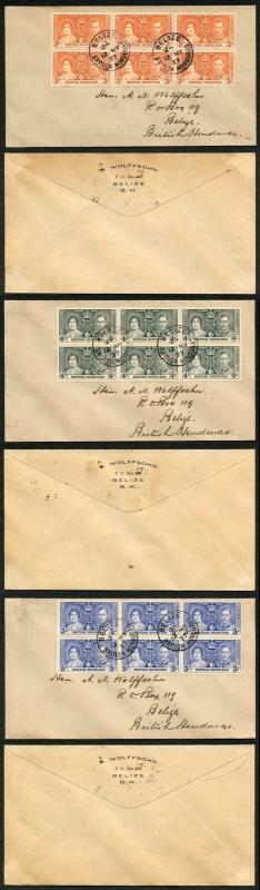 British Honduras SG147/9 12 may 1937 Coronation Blocks of 6 on FDCs