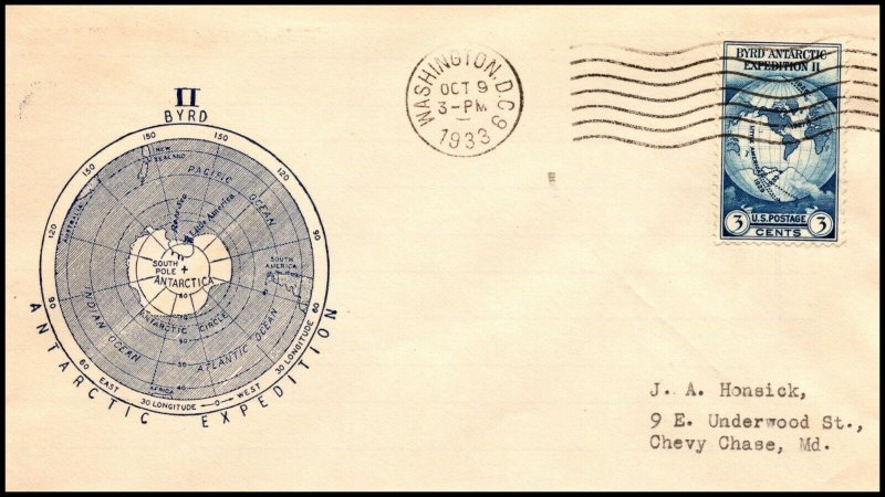 Scott 733 - 3 Cents Byrd Expedition II Unknown FDC Typed Address Planty 733-11