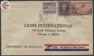 Cuba 1951 Club de Leones - Lion's Club Return Cover to Chicago - Pan Am Label...