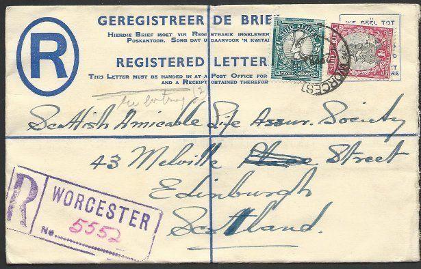 SOUTH AFRICA 1938 4d registered envelope used WORCESTER to UK..............49735